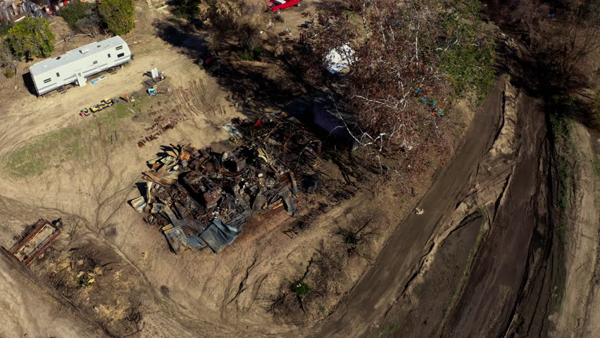 Aerial view of wildfire damaged location in San Bernardino, California