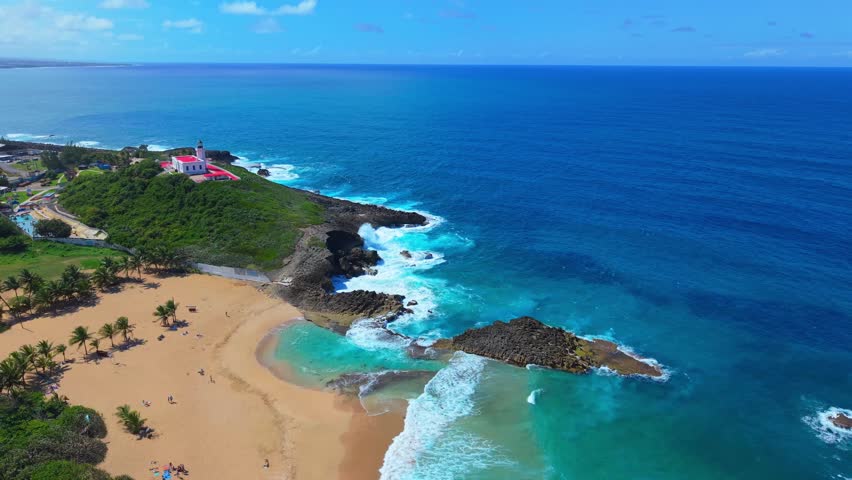 Scenic Coastline Flyover of Arecibo Puerto Rico on Sunny Summer Day