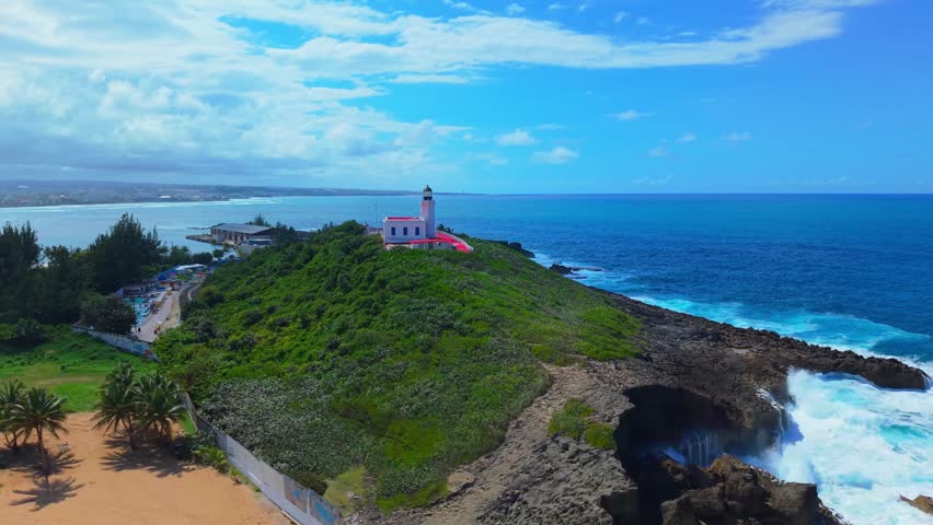 Epic Aerial Push-In Towards Coastal Reefs of Arecibo Puerto Rico