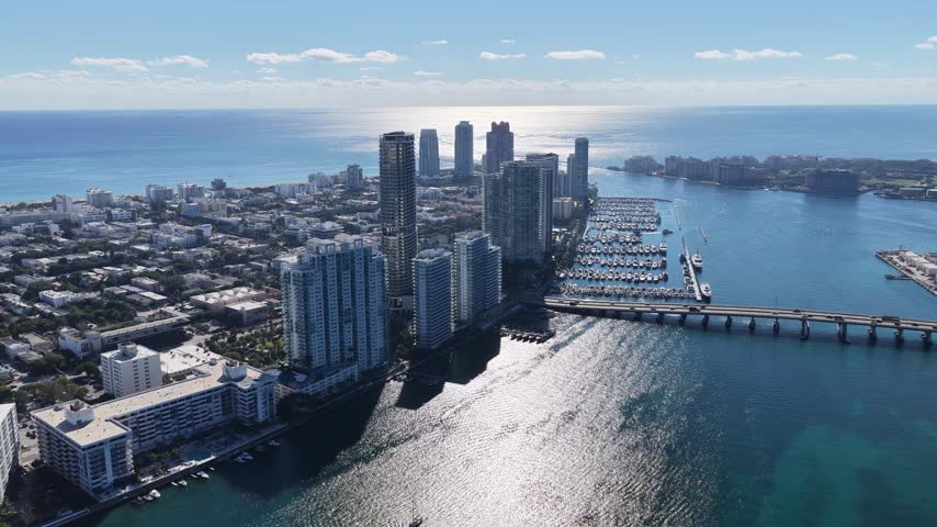 Miami Beach Skyline At Miami Beach In Florida United States. Seascape Skyline. Downtown Landscape. Summer Travel. Miami Beach Skyline In Florida United States. Highrise Buildings.