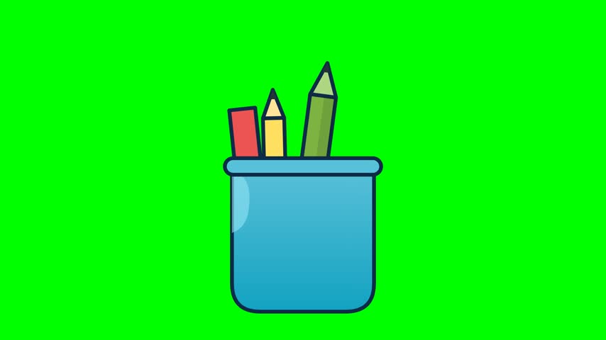 A blue pencil holder filled with writing utensils including pencils and pens, isolated on a vibrant green screen.
