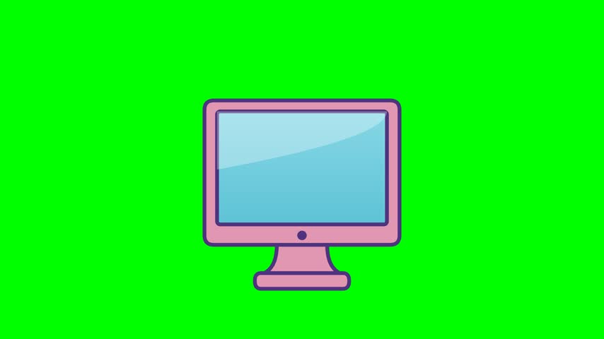 A simple illustration of a pink computer monitor with a light blue screen, set against a vibrant green background. The monitor is displayed centrally.