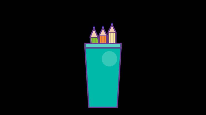 A minimalist animation featuring three colored pencils standing upright in a teal cup. The background is solid black, highlighting the stationery items.