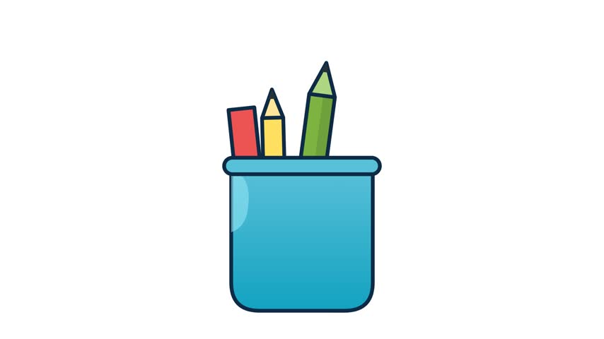 A clean, minimalist cartoon illustration featuring a bright blue pencil holder containing a red marker, a yellow pencil, and a green pencil. The background is plain white.