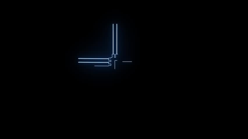 Futuristic vector line animation displaying a cyan blue neon microchip drawing its circuit connections step-by-step over a pitch-black background.