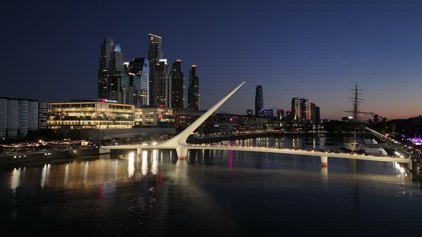 Aerial view of the night scene of Puerto Madero port in the city of Buenos Aires, Argentina