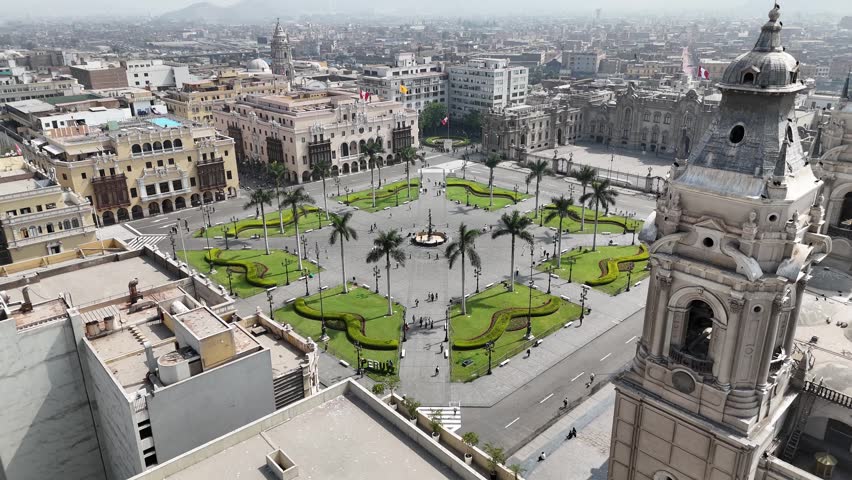 Plaza Mayor In Lima Capital City Of Peru. Municipal Palace Scenery. Downtown Cityscape. Cultural Heritage Skyline. Plaza Mayor In Lima Capital City Of Peru. Plaza De Armas Square.