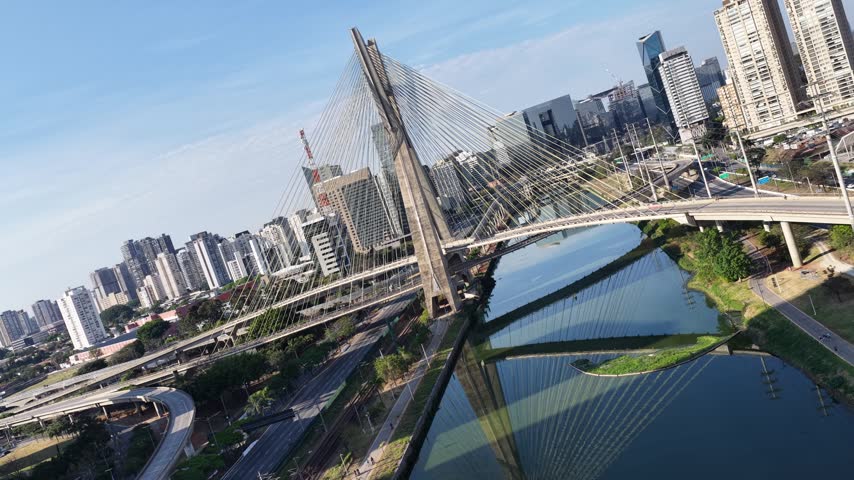 Cable Stayed Bridge At Sao Paulo In Brazil. Downtown Cityscape. Traffic Road. Bridge Landscape. Cable Stayed Bridge At Sao Paulo In Brazil. Metropolitan Background. Sao Paulo Brazil.