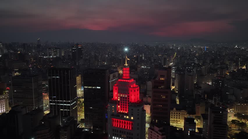 Sao Joao Avenue At Sao Paulo In Brazil. Night City Landscape. Downtown District. Highrise Buildings. Sao Joao Avenue At Sao Paulo In Brazil. Tourism Symbol. Capital City.