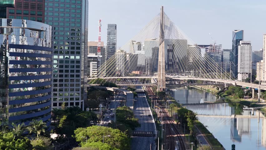 Cable Stayed Bridge At Sao Paulo In Brazil. Downtown Cityscape. Traffic Road. Bridge Landscape. Cable Stayed Bridge At Sao Paulo In Brazil. Metropolitan Background. Sao Paulo Brazil.