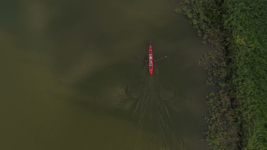 High angle aerial view of two athletes paddling a red canoe on a tranquil lake at sunrise. The boat moves along a reed covered shore
