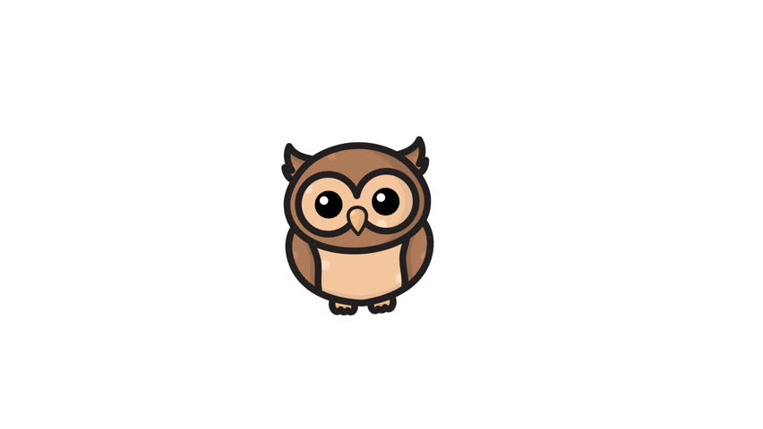 Cute brown nocturnal bird character in simple cartoon line art, suitable for childrens books and educational materials.