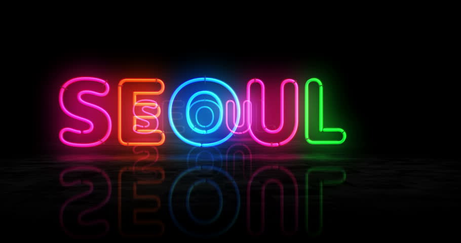 Seoul South Korea neon symbol. Light color bulbs. romantic city club abstract seamless and loopable concept. 3d flying through the tunnel animation.