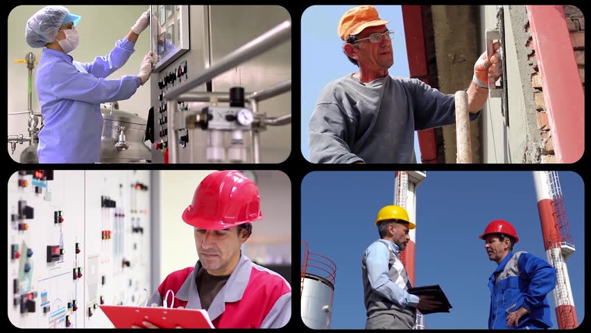 Diverse Industrial Workers and Engineers Multi Screen Animated Video of Various Professionals in Protective Gear. This dynamic and colorful video showcases a diverse global workforce across various modern industries, making it the perfect visual asset for corporate recruiting videos, employment agency commercials, human resources presentations, and global labor campaign promos. The layout sequentially expands from four panels into a massive sixteen window grid, featuring a multiethnic mix of male and female professionals of different ages, including African American workers wearing uniforms and safety protection gear. The high energy footage connects portraits of pharmaceutical technicians operating medicine production lines, construction teams in helmets holding meetings on site, oil rig operators, CNC machinists, textile engineers, and petrochemical workers. It beautifully captures lab technicians in sterile rooms, control room engineers at power plants, electrical substation operators, sugar factory workers, and construction supervisors, creating an impactful visual representation of teamwork, safety, and industrial diversity.