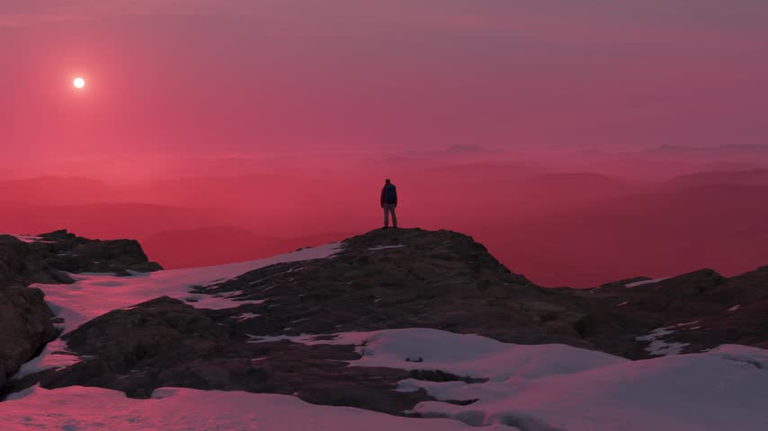 Lone Figure on Snowy Mountain Peak Gazing at a Surreal Red Sky Sunset Landscape