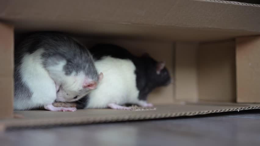 Two domestic rats eating food inside a cardboard structure on the floor indoors. Rats, feeding, cardboard, domestic pets