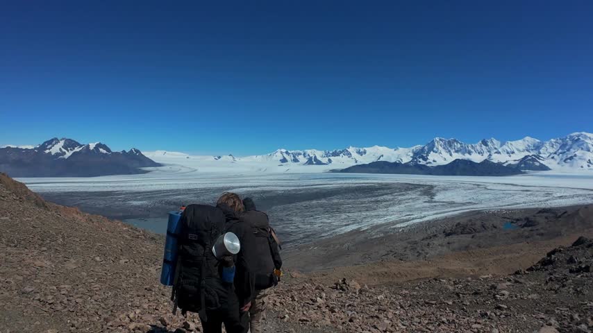 Hiker Exploring Vast Patagonian Ice Field On Huemul Circuit, El Chaltén, Argentina