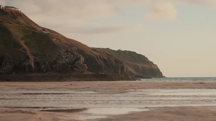 Cornwall coastline English beach scene at sunset, Perranporth