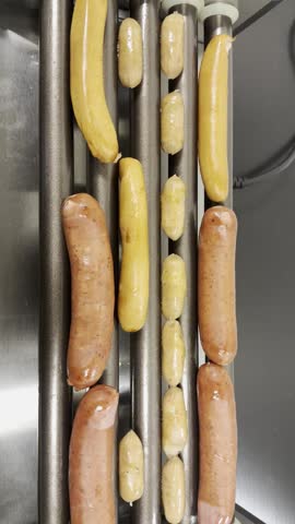 Close-up motion footage of hot dogs and sausages rotating on a portable roller grill