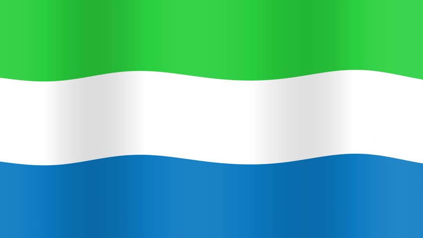 Animated Sierra Leone flag ripples behind golden national text and colorful falling celebratory confetti.
