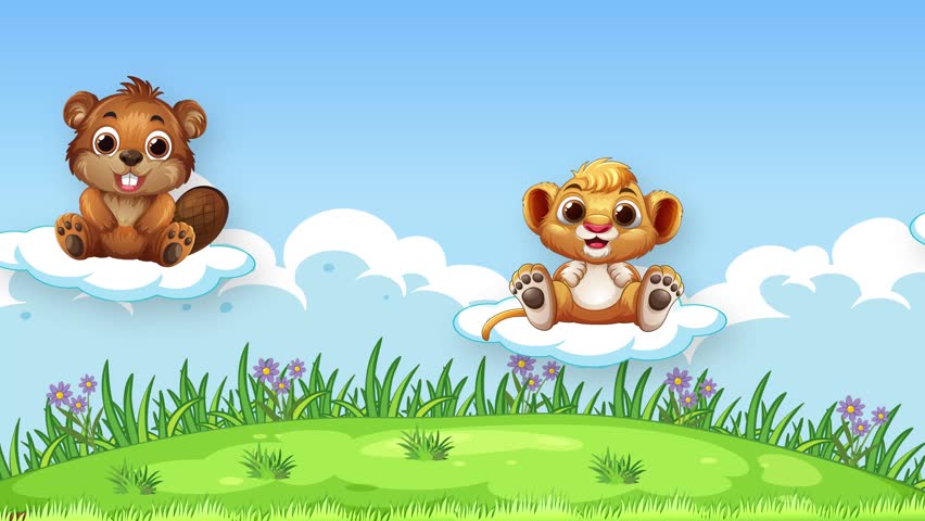 Cute animated animals drift across a blue sky above a grassy hill with flowers.
