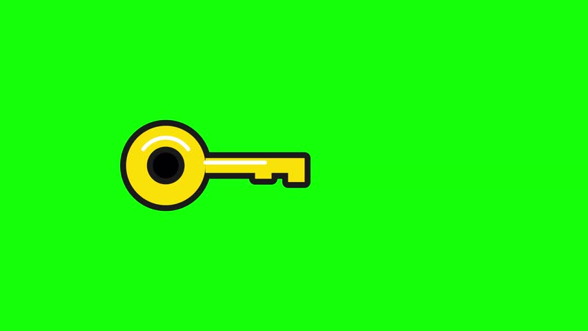 A vibrant yellow 2D cartoon key featuring bold outlines and specular highlights. The solid green background allows for easy chroma keying in video production and design software.
