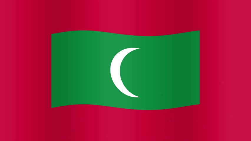A waving Maldives flag background with gold 3D text and shimmering falling confetti particles.