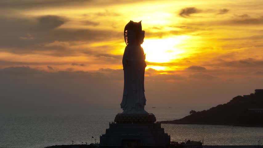 Aerial view of Guanyin statue at seaside in nanshan temple, hainan island , China	