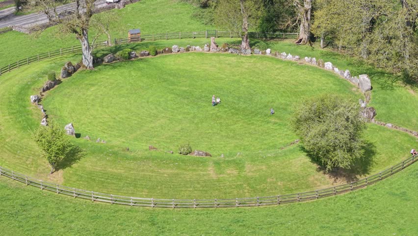Aerial view of Grange stone circle in a grassy field, County Limerick, Ireland
