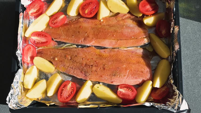Salmon fillets are arranged with slices of potatoes and tomatoes on a tray. This activity takes place outdoors in a backyard during sunny weather.