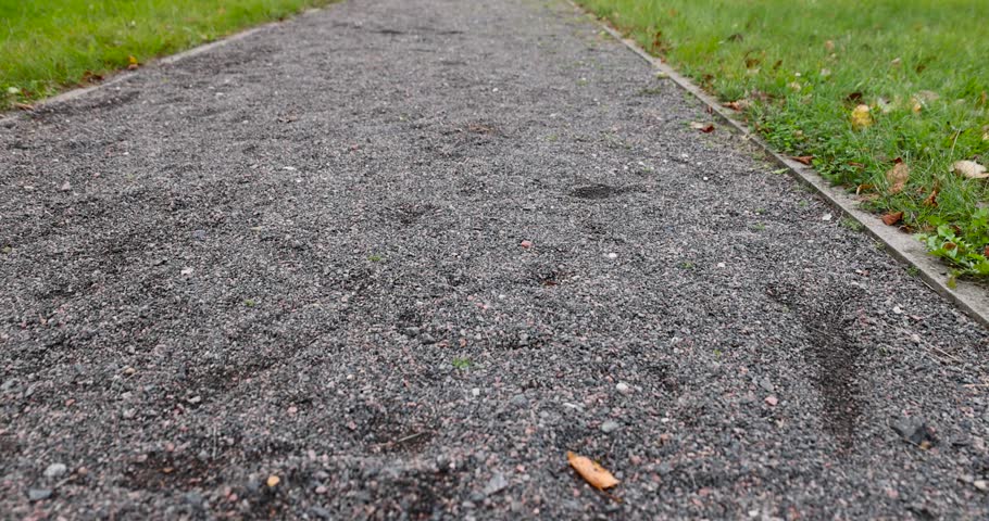 A path of gray stone gravel next to green grass, an empty pedestrian zone of crushed gravel pebbles in the public botanical garden