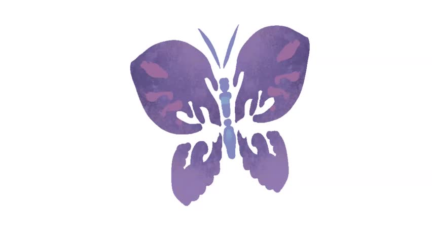 A stylized, purple and blue butterfly illustration gently flaps its wings against a plain white background.