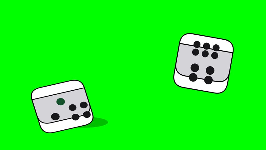 Two white dice with black dots are shown against a vibrant green background, suggesting a game or chance.