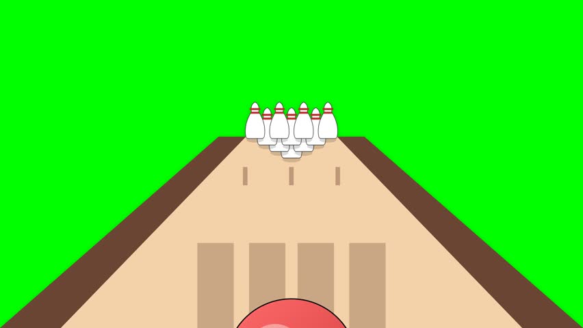 A cartoon bowling ball rolls down a lane and strikes pins, creating a strike. The animation is on a green screen background for easy compositing.