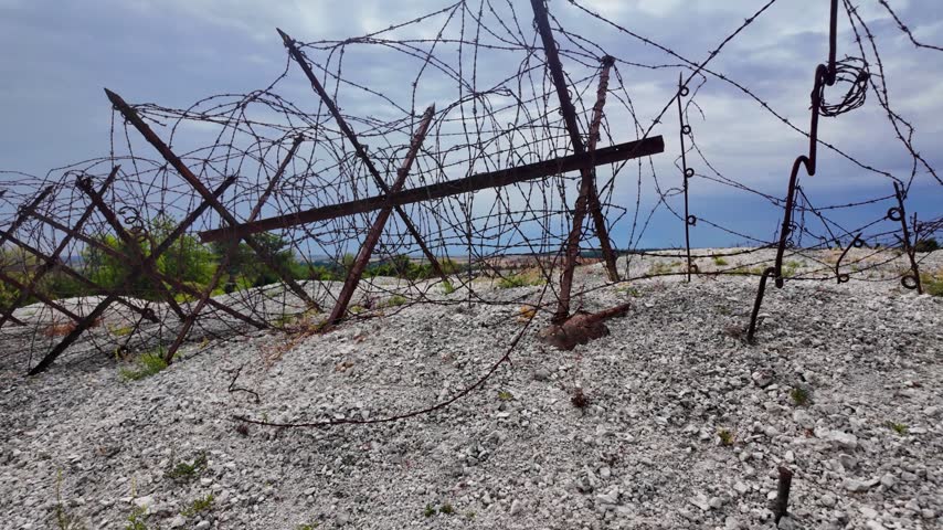 Massiges, August 2026: Visit to the historic site of  Massiges, a memorial to World War I—the French Army against the German Army - View of various trench defense systems (barbed wire, cross-bracing)