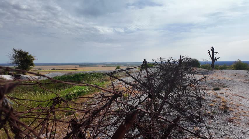 Massiges, August 2026: Visit to the historic site of  Massiges, a memorial to World War I—the French Army against the German Army - View of various trench defense systems (barbed wire, cross-bracing)
