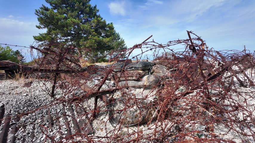 Massiges, August 2026: Visit to the historic site of  Massiges, a memorial to World War I—the French Army against the German Army - View of various trench defense systems (barbed wire, cross-bracing)