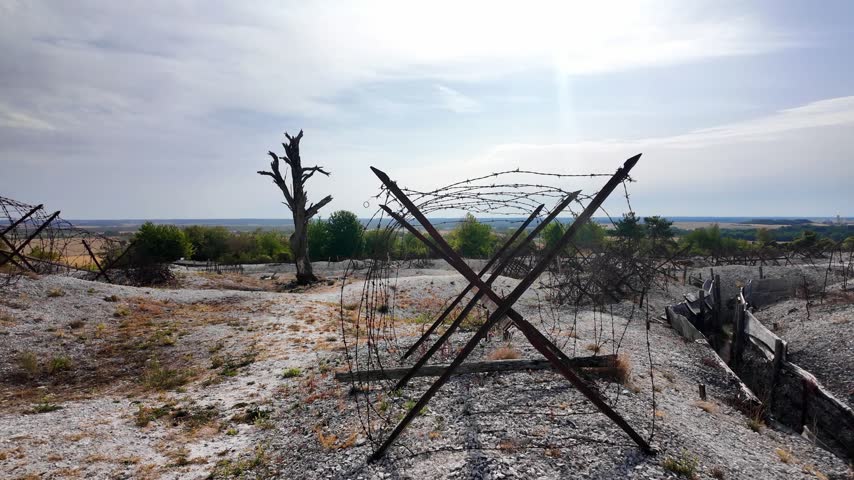 Massiges, August 2026: Visit to the historic site of  Massiges, a memorial to World War I—the French Army against the German Army - View of various trench defense systems (barbed wire, cross-bracing)