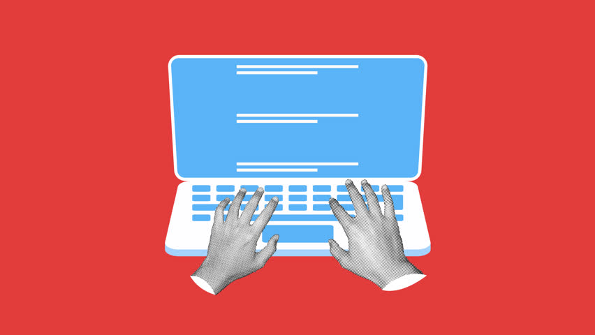 halftone collage style hand with laptop, hand typing on keyboard, from front view, with a red background animation