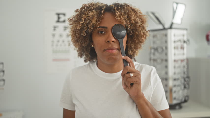 Woman holding an occluder over one eye and giving thumbs down in an optical building; uncertainty assessment.