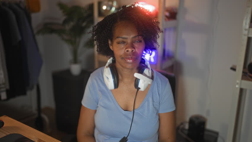 Woman with white gaming headphones around her neck and arms crossed while smiling at camera in a studio; confidence.