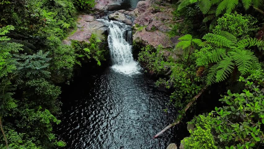 Aerial drone view of a spectacular waterfall in the Philippines, surrounded by lush tropical forest and pristine natural terrain. Flowing water cascades through the green landscape, creating a peaceful and cinematic tropical wilderness scene.
