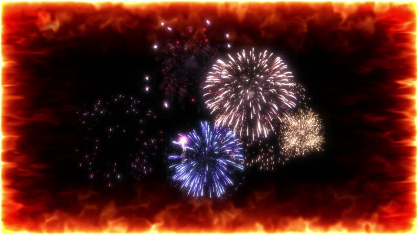 This video shows vibrant fireworks bursting in the night sky, framed by a continuous border of intense orange flames