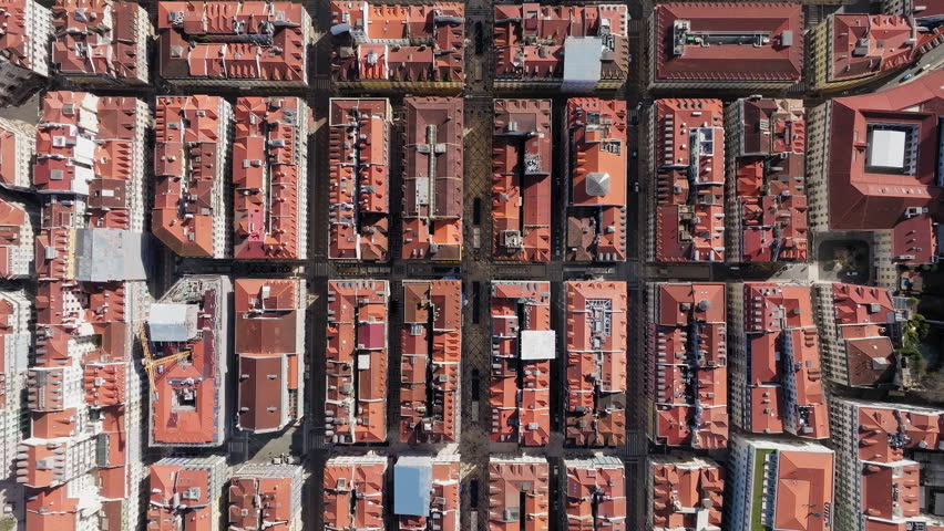 Pombaline style residential and commercial apartment blocks in Lisbon Baixa, R Augusta pedestrian street, Aerial top down shot