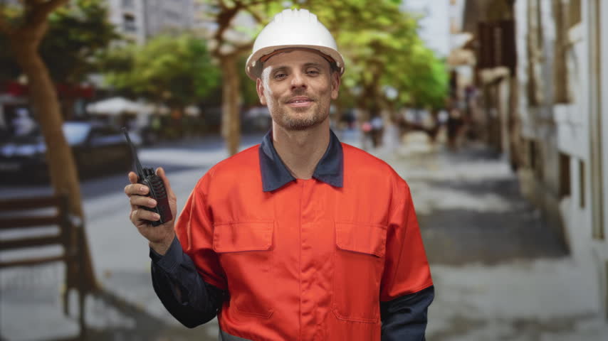 Man builder young in white hardhat wearing orange uniform holding radio and smiling on street; pride.