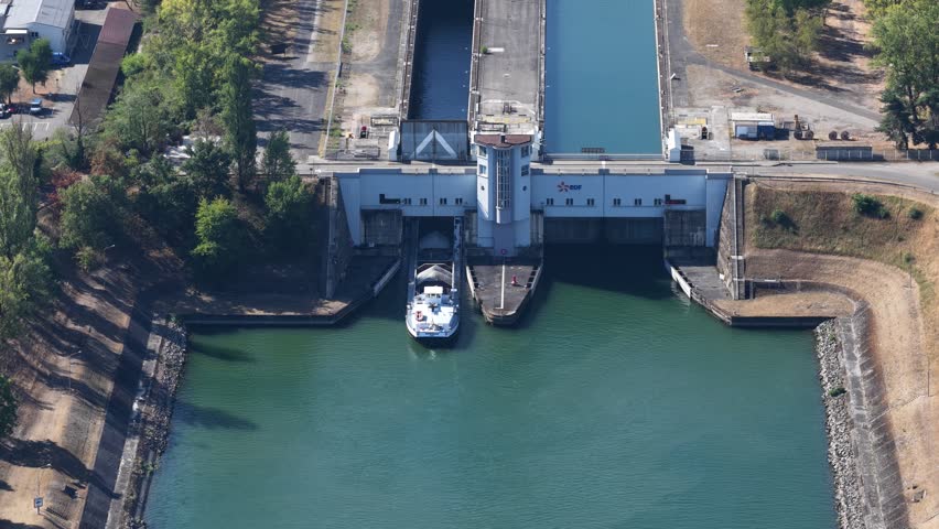 Aerial view of a barge entering the Hombourg lock on the Grand Canal d