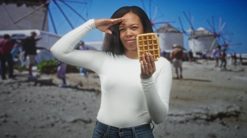 Young woman holding waffle and raising hand to forehead in salute on a crowded street near windmills; playful travel.