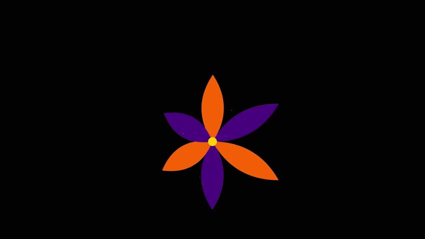 A vibrant animation featuring a stylized flower with alternating purple and orange petals rotating around a central yellow core on a dark background.