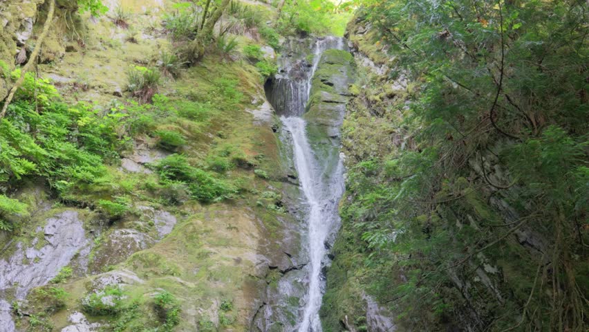 Goldstream Provincial Park waterfall pouring down a massive rocky cliff surrounded by lush forest greenery