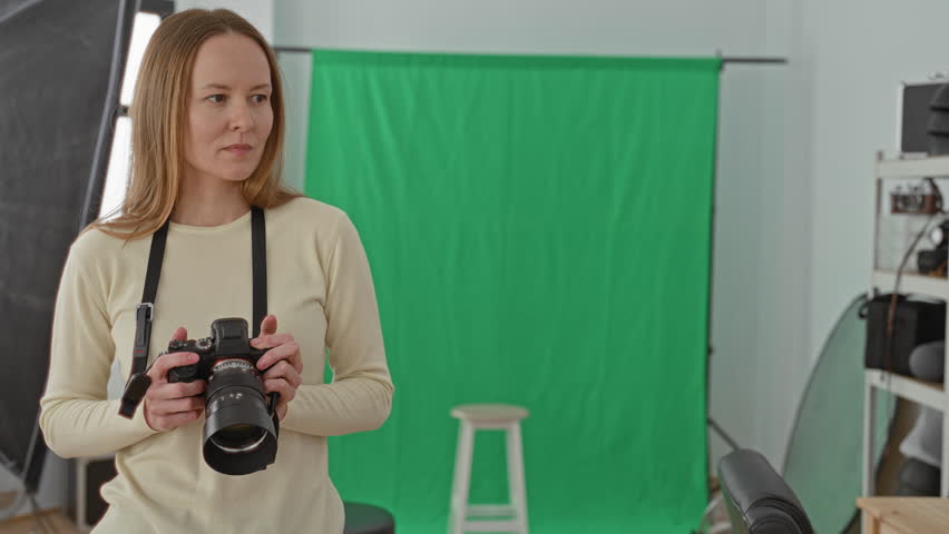 Young woman photographer holding dslr camera to her eye, pressing shutter while standing before a green screen studio backdrop; joyful creativity.